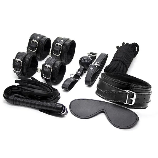 2026 New 7 Pieces PU Leather Bondage Set Restraint Handcuffs Ankle Cuffs Whip BDSM Sex Toys for Couple Gay Exotic Accessories Tz01 T200511 Free Shipping