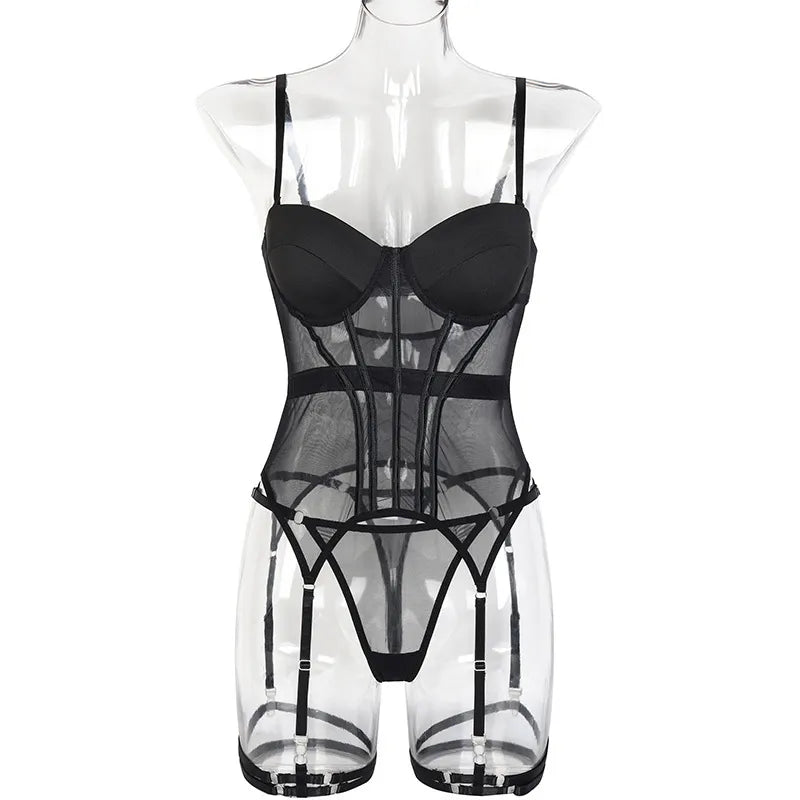 Women'S Sleepwear Mesh Lingerie Luxury Brand Bodysuit Backless Tops for Women 3 Piece Lingerie Set with Garter Sexydresses for Women
