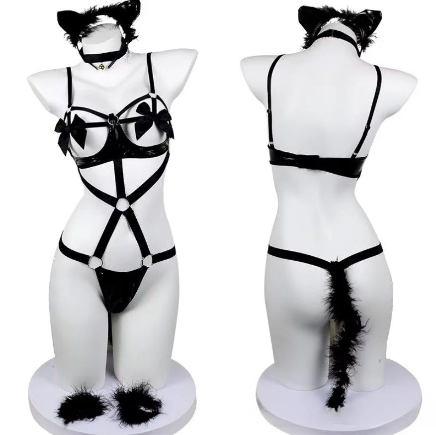 Women'S Leather Sleepwear with Removable Garter - Passionate No-Take off Lingerie Set for Intimate Moments