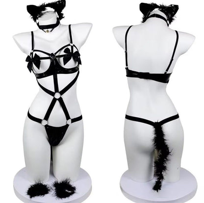 Women'S Leather Sleepwear with Removable Garter - Passionate No-Take off Lingerie Set for Intimate Moments