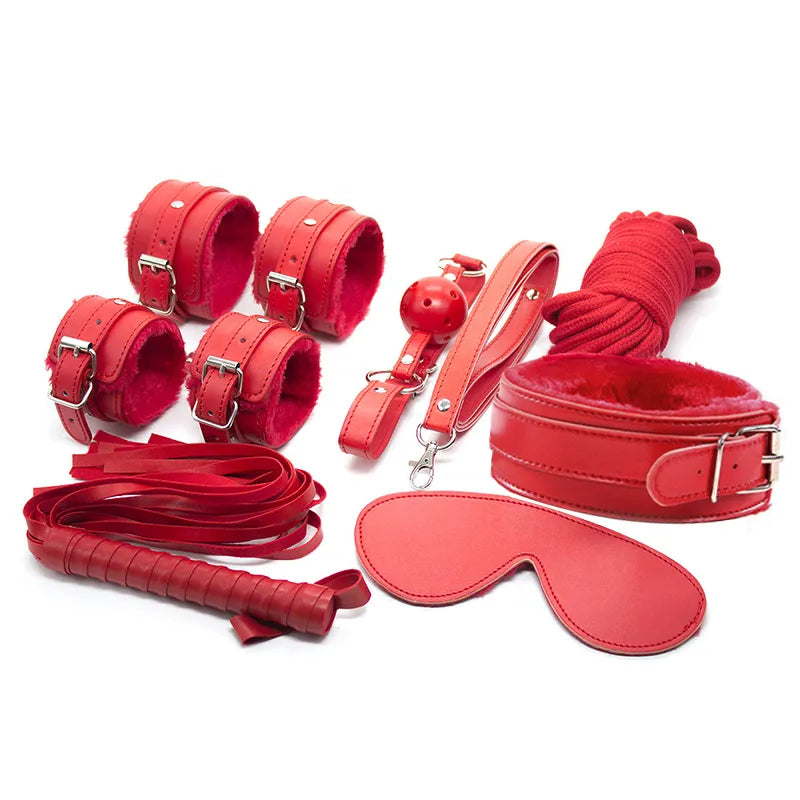 2026 New 7 Pieces PU Leather Bondage Set Restraint Handcuffs Ankle Cuffs Whip BDSM Sex Toys for Couple Gay Exotic Accessories Tz01 T200511 Free Shipping