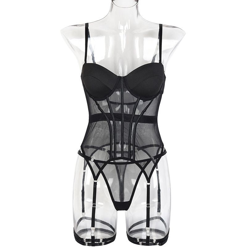 Women'S Sleepwear Mesh Lingerie Luxury Brand Bodysuit Backless Tops for Women 3 Piece Lingerie Set with Garter Sexydresses for Women