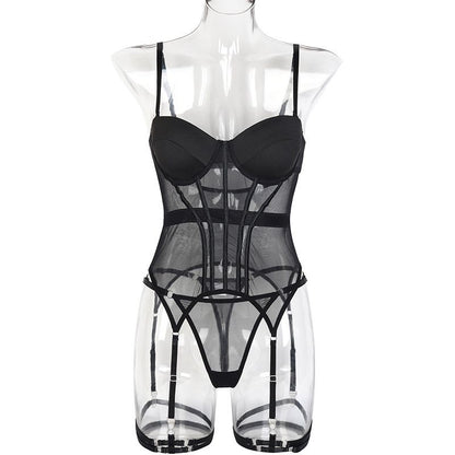 Women'S Sleepwear Mesh Lingerie Luxury Brand Bodysuit Backless Tops for Women 3 Piece Lingerie Set with Garter Sexydresses for Women