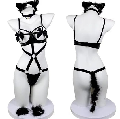 Women'S Leather Sleepwear with Removable Garter - Passionate No-Take off Lingerie Set for Intimate Moments