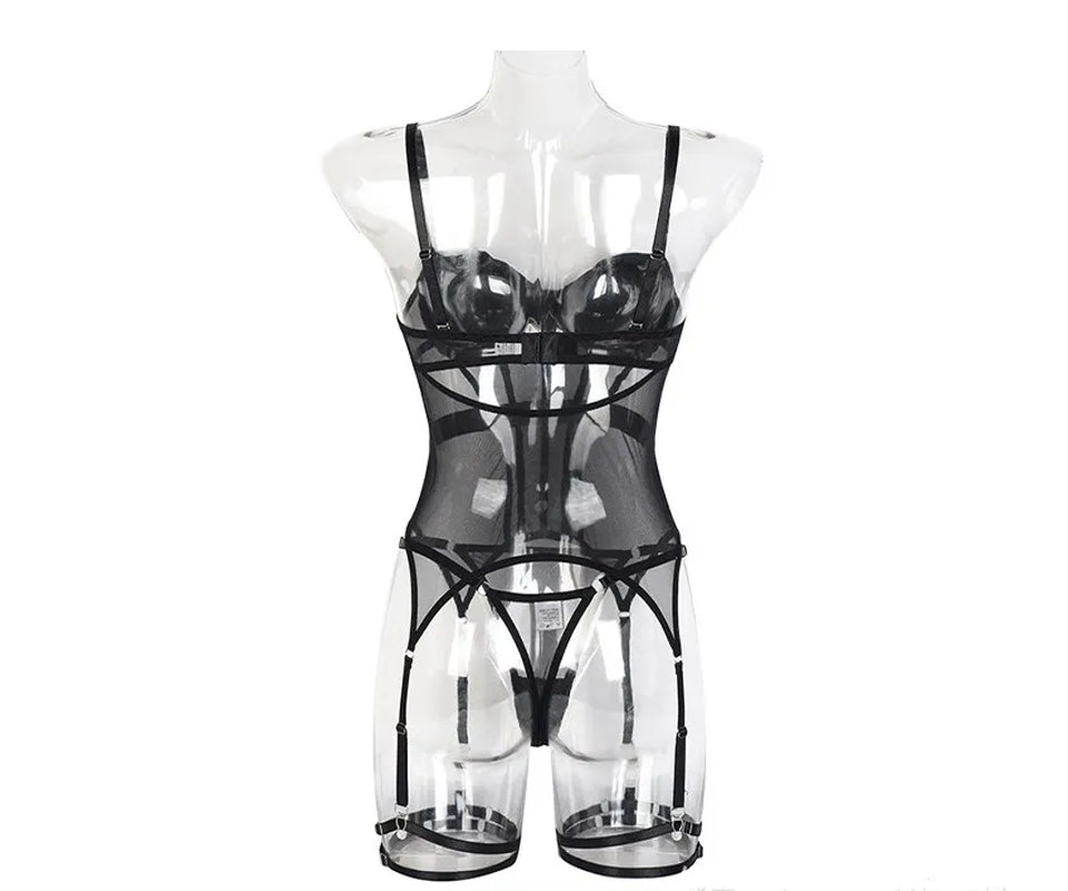 Women'S Sleepwear Mesh Lingerie Luxury Brand Bodysuit Backless Tops for Women 3 Piece Lingerie Set with Garter Sexydresses for Women