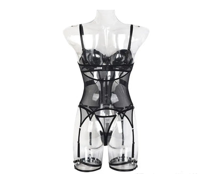 Women'S Sleepwear Mesh Lingerie Luxury Brand Bodysuit Backless Tops for Women 3 Piece Lingerie Set with Garter Sexydresses for Women