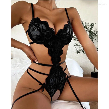 Bras Sets Lace Porn Lingerie Woman Erotic Bodysuit See through Sex Costume Deep V Crotchless Backless Sexy Underwear Teddy Pajamas 18