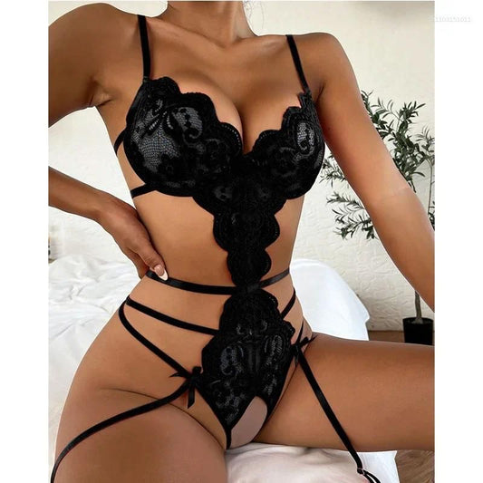 Bras Sets Lace Porn Lingerie Woman Erotic Bodysuit See through Sex Costume Deep V Crotchless Backless Sexy Underwear Teddy Pajamas 18