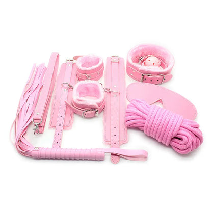 2026 New 7 Pieces PU Leather Bondage Set Restraint Handcuffs Ankle Cuffs Whip BDSM Sex Toys for Couple Gay Exotic Accessories Tz01 T200511 Free Shipping