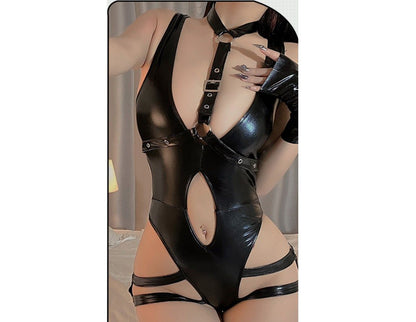 Women'S Leather Sleepwear with Removable Garter - Passionate No-Take off Lingerie Set for Intimate Moments