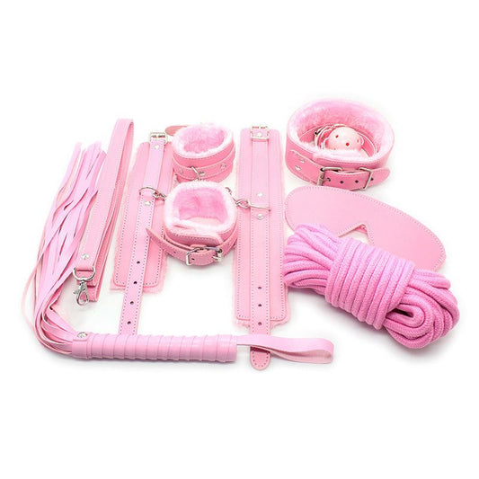 2026 New 7 Pieces PU Leather Bondage Set Restraint Handcuffs Ankle Cuffs Whip BDSM Sex Toys for Couple Gay Exotic Accessories Tz01 T200511 Free Shipping