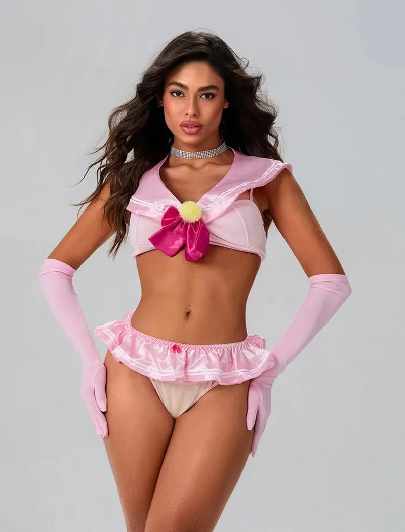 Women'S Sleepwear Women'S Teddy Lingerie Set School Girl Costume Cute Bow Bra + Panties + Ruffled Skirt + Gloves Set Babydoll Sleepwear