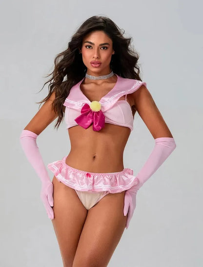 Women'S Sleepwear Women'S Teddy Lingerie Set School Girl Costume Cute Bow Bra + Panties + Ruffled Skirt + Gloves Set Babydoll Sleepwear