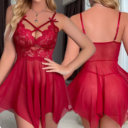 Sexy Hot Women'S Pajamas Erotic Lingerie Mini Nightgown Lace Strap Perspective Sleepwear Set Fantezi Baby Doll Sex Underwear