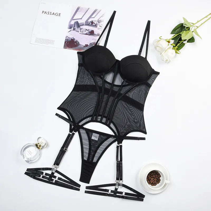 Women'S Sleepwear Mesh Lingerie Luxury Brand Bodysuit Backless Tops for Women 3 Piece Lingerie Set with Garter Sexydresses for Women