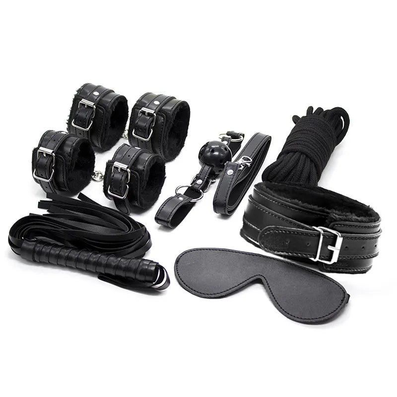 2026 New 7 Pieces PU Leather Bondage Set Restraint Handcuffs Ankle Cuffs Whip BDSM Sex Toys for Couple Gay Exotic Accessories Tz01 T200511 Free Shipping
