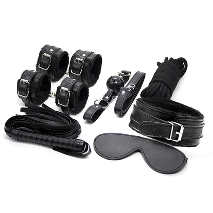 2026 New 7 Pieces PU Leather Bondage Set Restraint Handcuffs Ankle Cuffs Whip BDSM Sex Toys for Couple Gay Exotic Accessories Tz01 T200511 Free Shipping